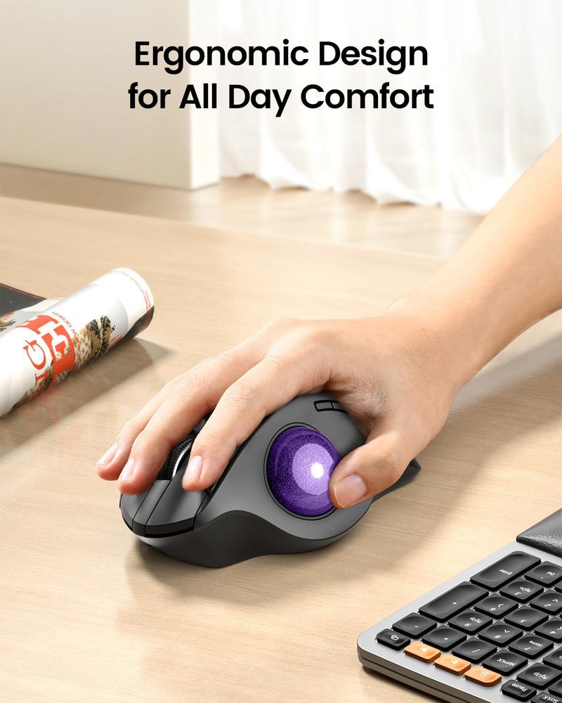 ProtoArc Wireless Trackball Mouse, EM01 NL Ergonomic Bluetooth Rollerball Thumb Rechargeable Computer Laptop Mouse, Adjustable Angle & 3 Device Connection for PC, Mac, Windows-Purple Ball - Image 3